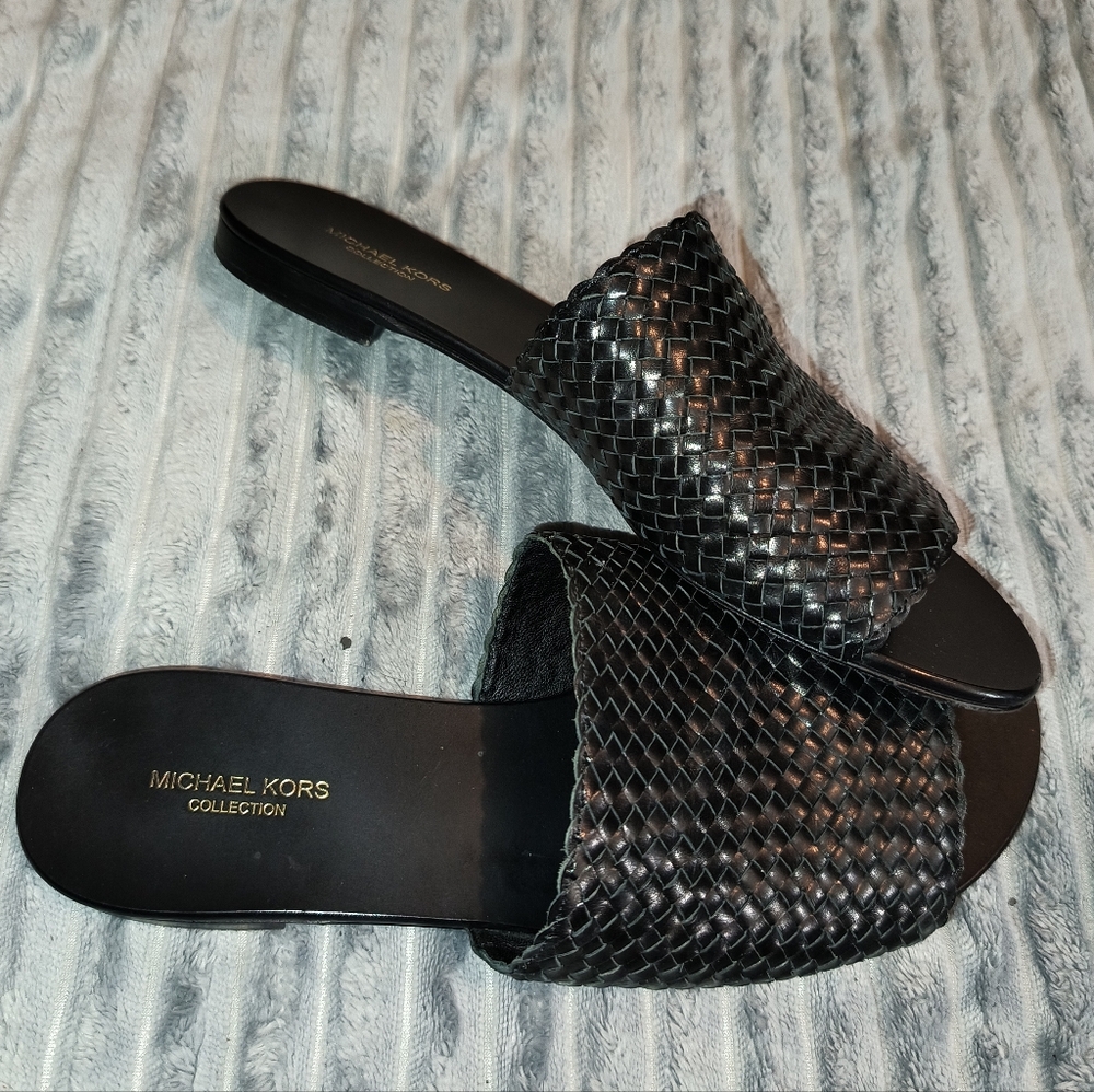 Michael Kors McGraw Woven Flat All Leather Slide Sandals Sz 6.5 Made In Italy